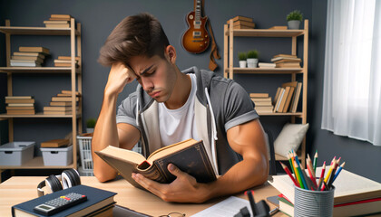 Joven Estudiante Universitario Confuso y Aburrido Sintiendo Estrés y Dolor de Cabeza Mientras hace Lectura y Estudia para Exámenes Difíciles en un Ambiente de Hogar, Dormitorio y Escritorio.