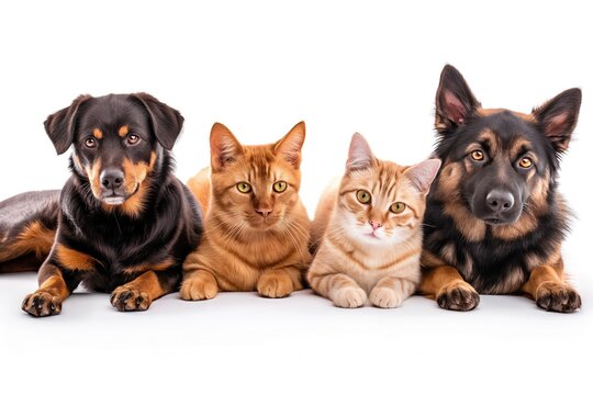 cats and dogs in a studio together with white background photography bright