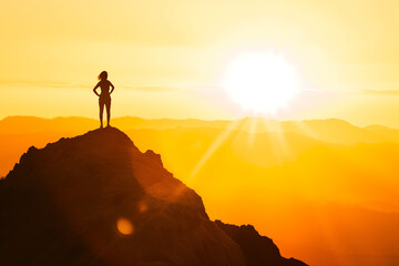 Silhouette of a Determined Woman Standing Triumphant on a Mountain Summit at Sunset