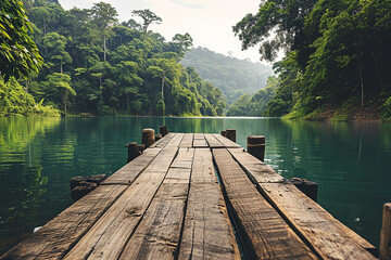 Idyllic Rainforest Lake: Empty Wooden Jetty with Product Presentation Space, Beauty in Nature Concept for Travel, Vacation, Spa, and Environment Created with generative AI tools