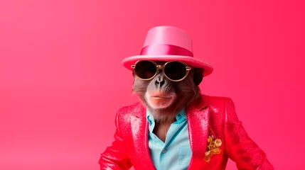 Zelfklevend Fotobehang portrait of a funny monkey in a rich stylish suit with sequins and glasses on a plain color background in the studio. Creative animal concept. © Vero