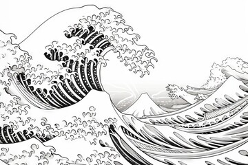 Japanese ukiyo-e art of the great wave off kanagawa by hokusai as an adult coloring page - obrazy, fototapety, plakaty
