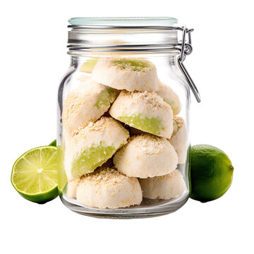 front view of Key Lime cookie in a jar isolated on a white transparent background 