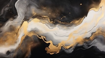Luxury abstract fluid art painting background with black and gold colors using alcohol ink technique