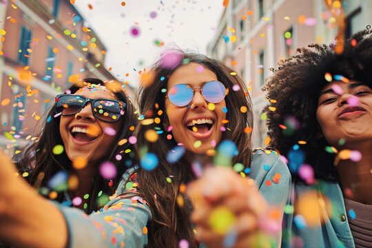 Cheerful multi-ethnic female teenage best friends partying by throwing confetti in city streets 