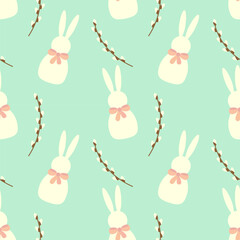 Easter pattern with bunnies with bow and spring willow branches.