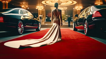 Red carpet event and arrival of woman in long evening dress. Postproducted generative AI illustration. - obrazy, fototapety, plakaty