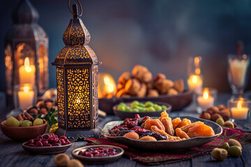 Muslim Ramadan Mubarak iftar table shows Ramadan foods and lantern light with holy month eid...