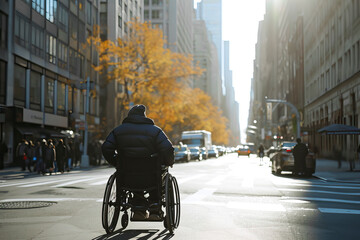 The injured man is forced to move around the city in a wheelchair. The concept of social support for the disabled and participants in military conflicts - obrazy, fototapety, plakaty