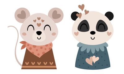 Valentines day clipart. Cute Valentines mouse and panda in cartoon flat style. Vector illustration.