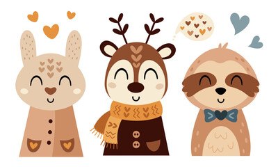 Valentines day clipart. Cute Valentines rabbit, deer, sloth in cartoon flat style. Vector illustration.