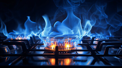 Kitchen gas stove burner with blue flame transparency - obrazy, fototapety, plakaty