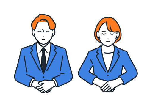お辞儀をするスーツを着た男女のシンプルなベクターイラスト素材
