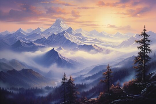 Oil painting of a mountain landscape with sunrise colors and shadows