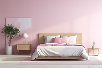 Modern bedroom with a pink and white color scheme, wooden furniture, and a plant in the corner.