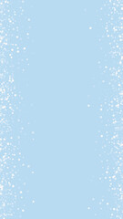 Falling snowflakes christmas background. Subtle flying snow flakes and stars on light blue winter backdrop. Beautifully falling snowflakes overlay. Vertical vector illustration.