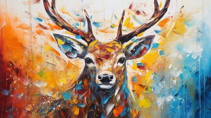 Multicolored oil painting of a deer's face with abstract shapes and textures - obrazy, fototapety, plakaty