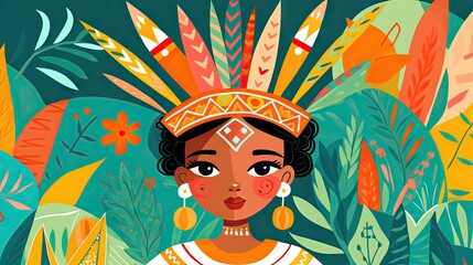Colorful digital art illustration of a smiling indigenous tribal girl with traditional attire in a tropical jungle setting.
