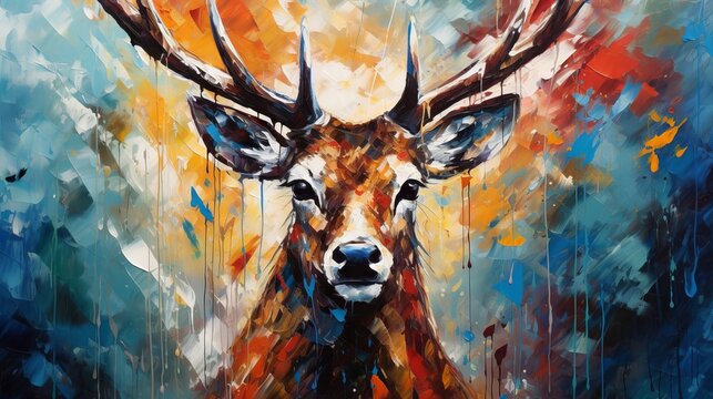 Multicolored oil painting of a deer's face with abstract shapes and textures