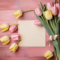 bouquet of tulips with card,pink,yerllow