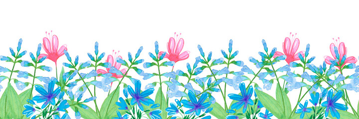Fototapeta na wymiar Hand drawn watercolor abstract periwinkle and daisy flowers seamless frame border isolated on white background. Can be used for cards, tape, textile and other printed products.