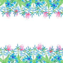 Hand drawn watercolor abstract periwinkle and daisy flowers frame border isolated on white background. Can be used for cards, album, poster and other printed products.