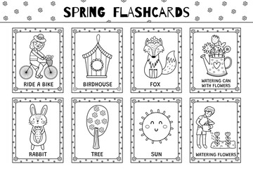 Spring black and white flashcards collection for kids. Flash cards set with cute characters for coloring in outline. Learning to read activity for children. Vector illustration