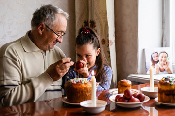 Traditional Orthodox Easter food: Easter bread, cheese cake Paskha, painted eggs