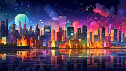 A vibrant cityscape background with illuminated buildings at night