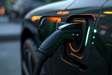 Electric car charging station. Vehicle recharging battery. Green connection, renewable energy of the future. Hybrid and sustainable car.