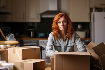 Tired woman with red hair in the kitchen, packing kitchen utensils into cardboard boxes during a move - obrazy, fototapety, plakaty