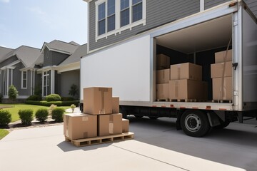 Large white moving truck unloading boxes during a move. Concept of object transportation service - Powered by Adobe