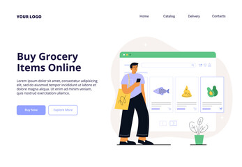 A young man chooses food and daily supplies on his phone. Easy and fast buying food in an online store. Vector flat illustration for web banner, and landing page.