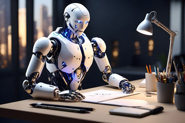 A modern futuristic robot writing on a paper - obrazy, fototapety, plakaty