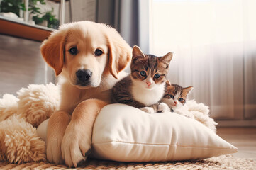 Cat and dog together. Kitten and puppy look at the camera. Home pets. Animal care. Love and friendship. Domestic animals.