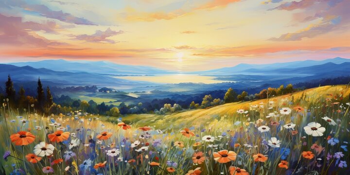 Oil painting flowers dandelion, cornflower, daisy in fields: a photo of a sunset meadow landscape with wildflower, hill and sky in orange and blue color background