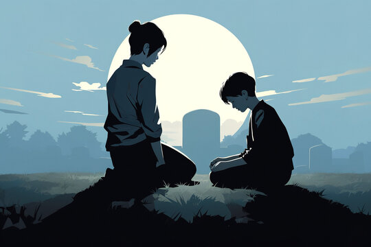 Illustration of unrecognizable unhappy female and sad son sitting near to a graveyard with tombstones suffering by family member dead. Concept of mourning and loss due to death loved one.