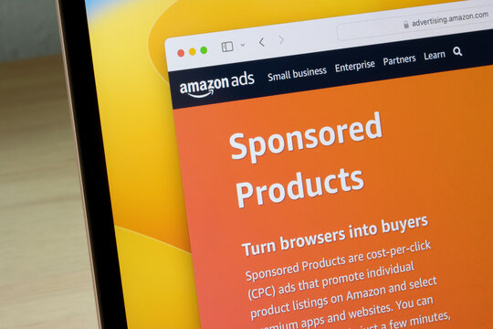 Portland, OR, USA - Jan 1, 2024: Webpage of Sponsored Products ads is seen on the Amazon website on a laptop computer.