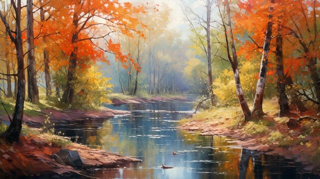 Oil painting landscape of a serene autumn forest near the river with orange leaves and reflections