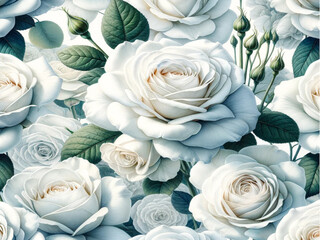  watercolor botanical illustration of white roses, designed in a seamless pattern style.