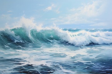 Oil painting of the sea on canvas with blue and green hues. Artistic impression of ocean waves and...