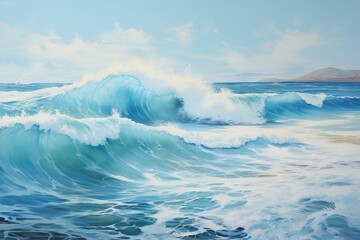 Oil painting of the sea on canvas with blue and green hues. Artistic impression of ocean waves and...