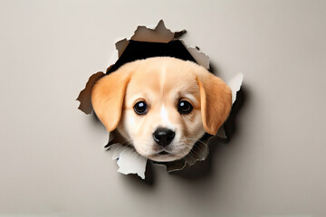 Funny puppy peeks into paper hole. Dog tore wallpaper. Banner with pet. Curious. Paper hole with edges torn off. Ragged hole. Concept advertising and breakthrough.