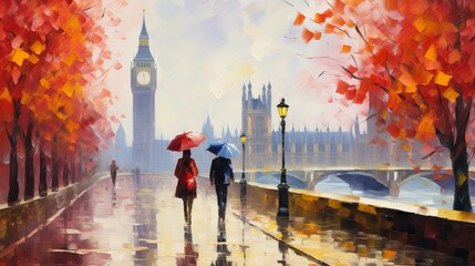Oil painting of a london street scene with big ben, a couple under a red umbrella, a tree, a bridge, and a river - obrazy, fototapety, plakaty