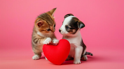 Cute little kitten and puppy playing with red heart on pink background copy space, valentines day...