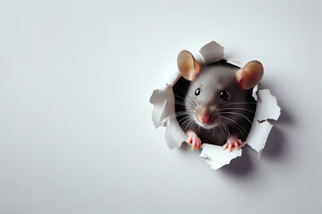 Rat crawling out hole in the wall, pest concept - obrazy, fototapety, plakaty