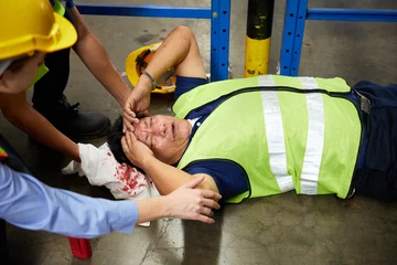 Deurstickers senior worker fell over and his head is bleeding on the floor in the factory © offsuperphoto