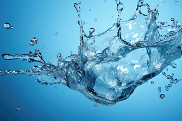 Water splashes with drops on a blue background