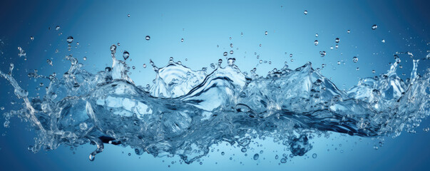 Water splash on blue background. Horizontal banner