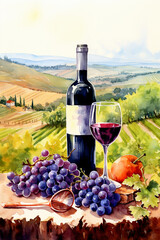 Wine Country Bliss: Aquarelle Painting of Grapes, Wine Bottle, and Glass in Vineyard